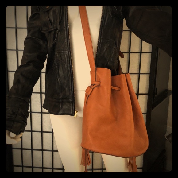 Handbags - Cognac Leather Drawstring Bucket Bag Purse